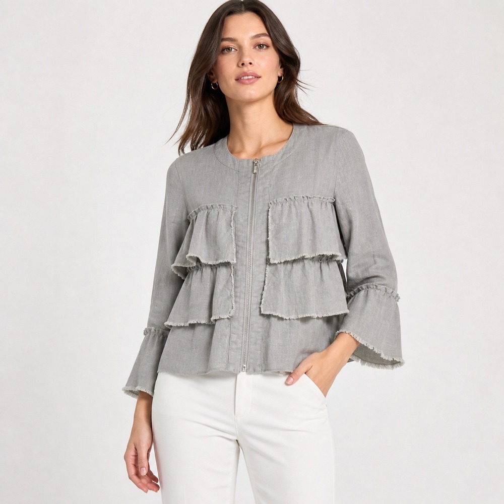 INC International Concepts Gray 100% Linen Ruffle Zip Jacket XS Raw Hem‎ Boho